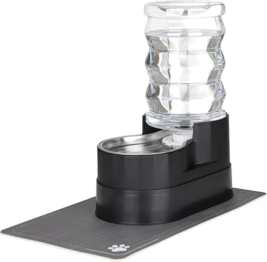 RIZZARI Automatic Cat Water Dispenser: Black 7L Elevated Fountain - Stainless Steel Gravity Feeder - Splash Guard Mat