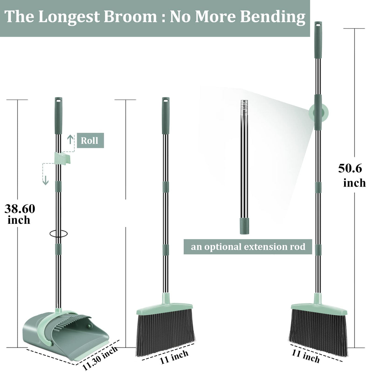 Ivandar Broom and Dustpan Set for Home, Dust pan with Long Handle, Broom with Dustpan Combo Set, for Home Kitchen Room Office Lobby Floor Use Upright Stand Up Sweeping (Gray&Green)