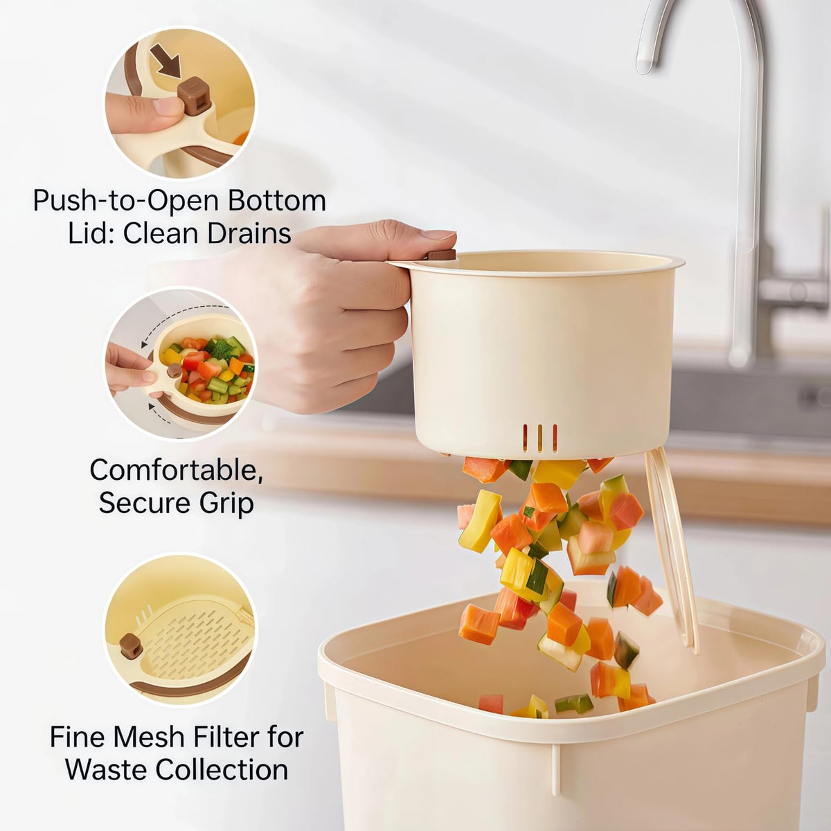One-Click Hanging Sink Drain Basket, No-Touch Kitchen Sink Strainer Basket with Adjustable Faucet Strap, Fine Mesh Food Catcher for Food Waste, Fast Drainage, Dishwasher Safe, Fits All Kitchen Sinks