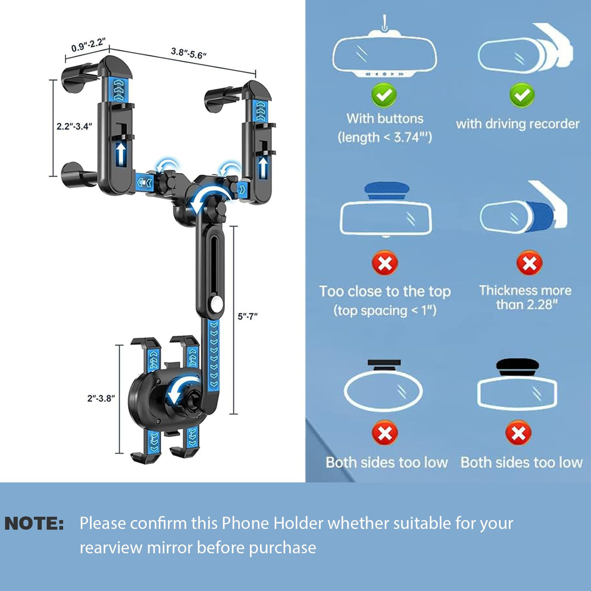 ILKCC Rearview Mirror Phone Holder for Car, 360° Rotating and Retractable Multifunctional Rear View Phone Mount, Upgraded Four Corners Fixed Anti-Shake Fit All Smartphones & Bigger Vehicle