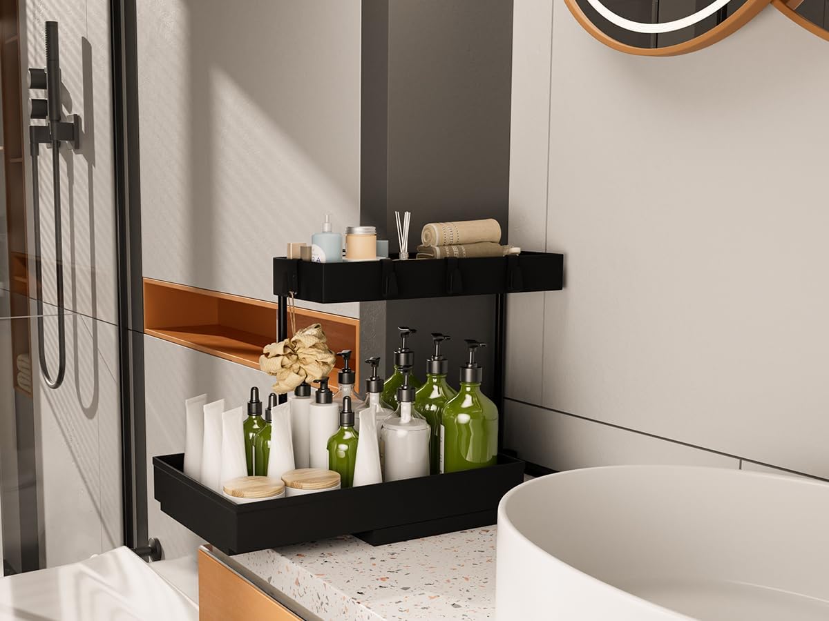 NATURE'S SOURCE 2 Pack Under Sink Organizer 2 Tier Sliding Cabinet Organizers Multi-Purpose Sink Storage Basket L-Shape Narrow Space Storage Shelves with 4 Hook for Kitchen Bathroom Drawer, Black
