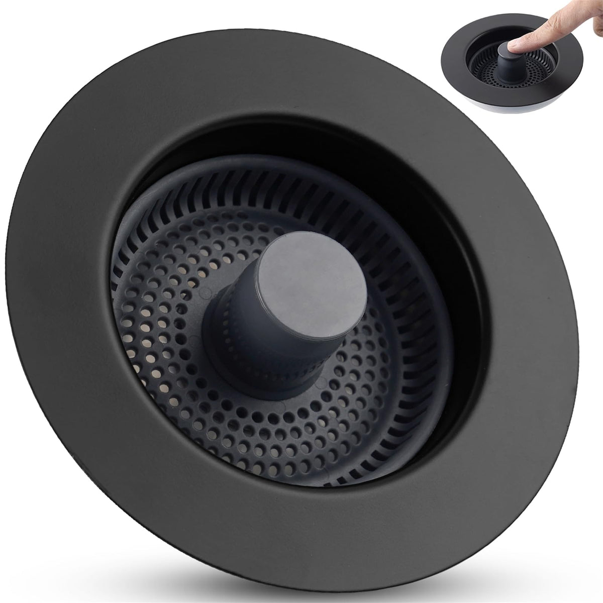 Universal 3 in 1 Kitchen Sink Drain Strainer Stopper Combo, Matte Black
