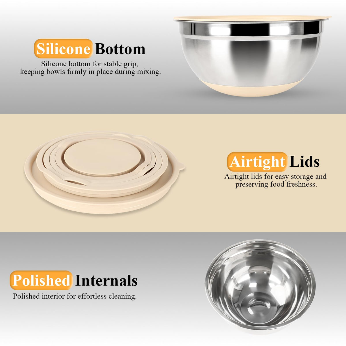 Mixing Bowls with Airtight Lids Set, Non-Slip Silicone Bottoms, Khaki