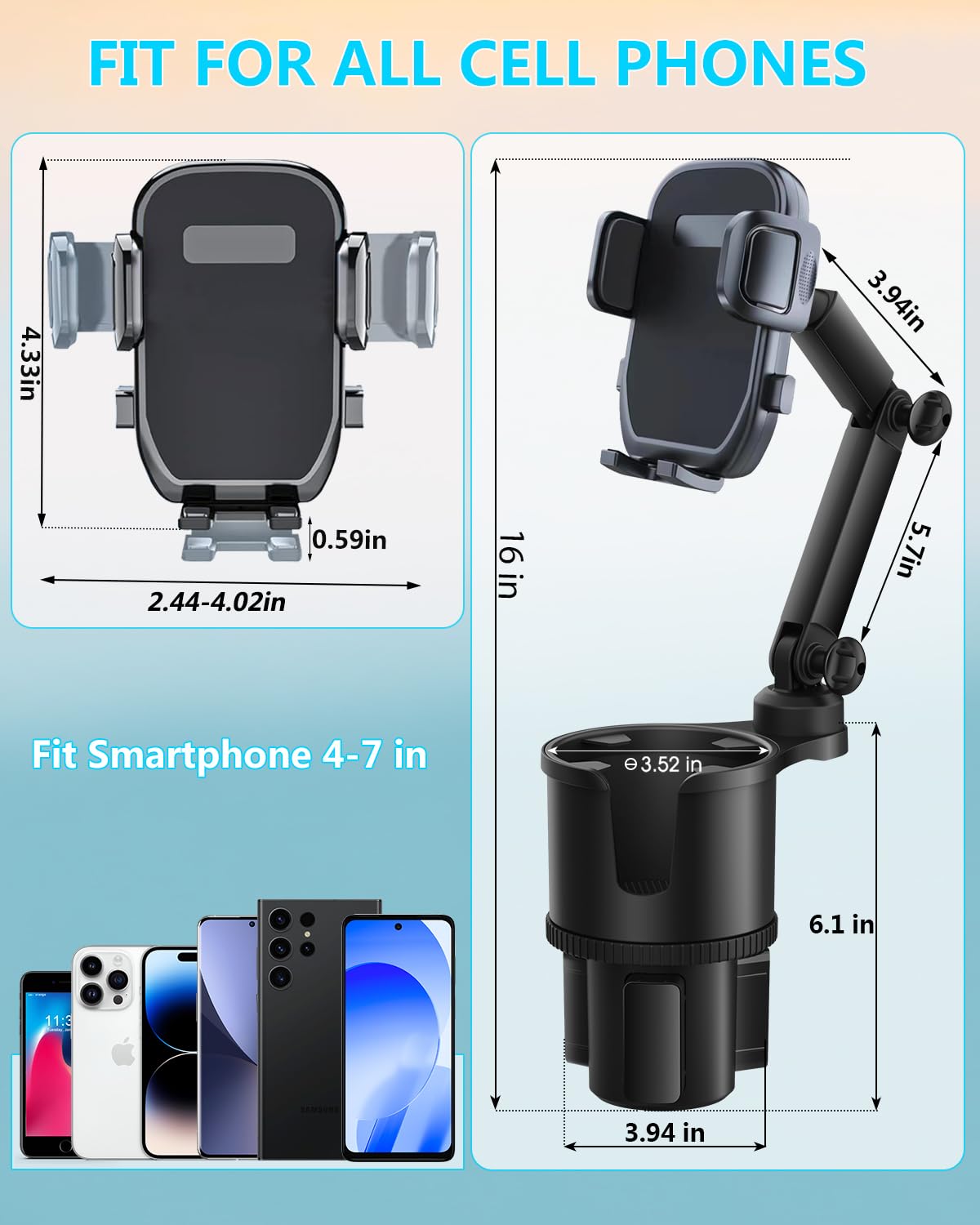 Easkkty 2-in-1 Cup Phone Holder for Car, 360° Adjustable Car Phone Mount
