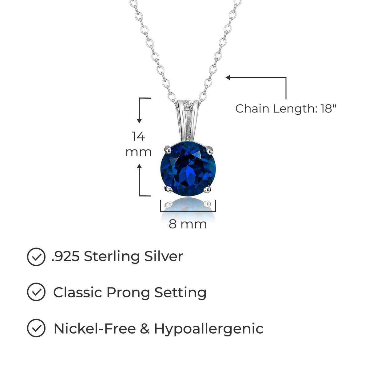 Amazon Essentials Sterling Silver Round Cut Birthstone Pendant Necklace (September), Women's, 18"
