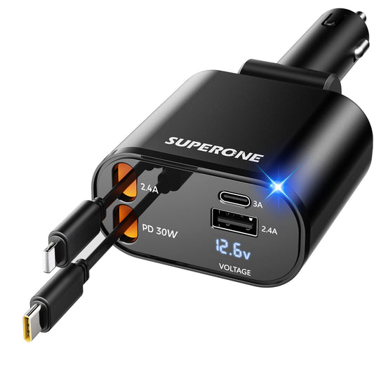 [Upgraded] SUPERONE Retractable Car Charger 4 in 1 Fast Phone Charger