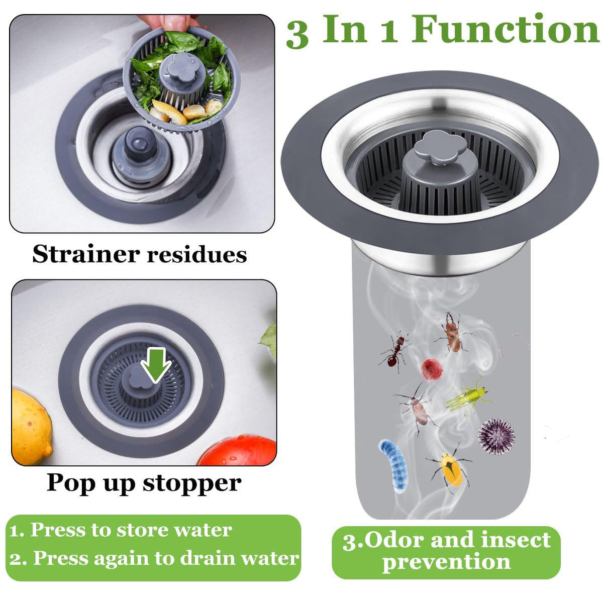 WSYLEN 3 in 1 Kitchen Sink Drain Strainer and Stopper Combo,Stainless Steel