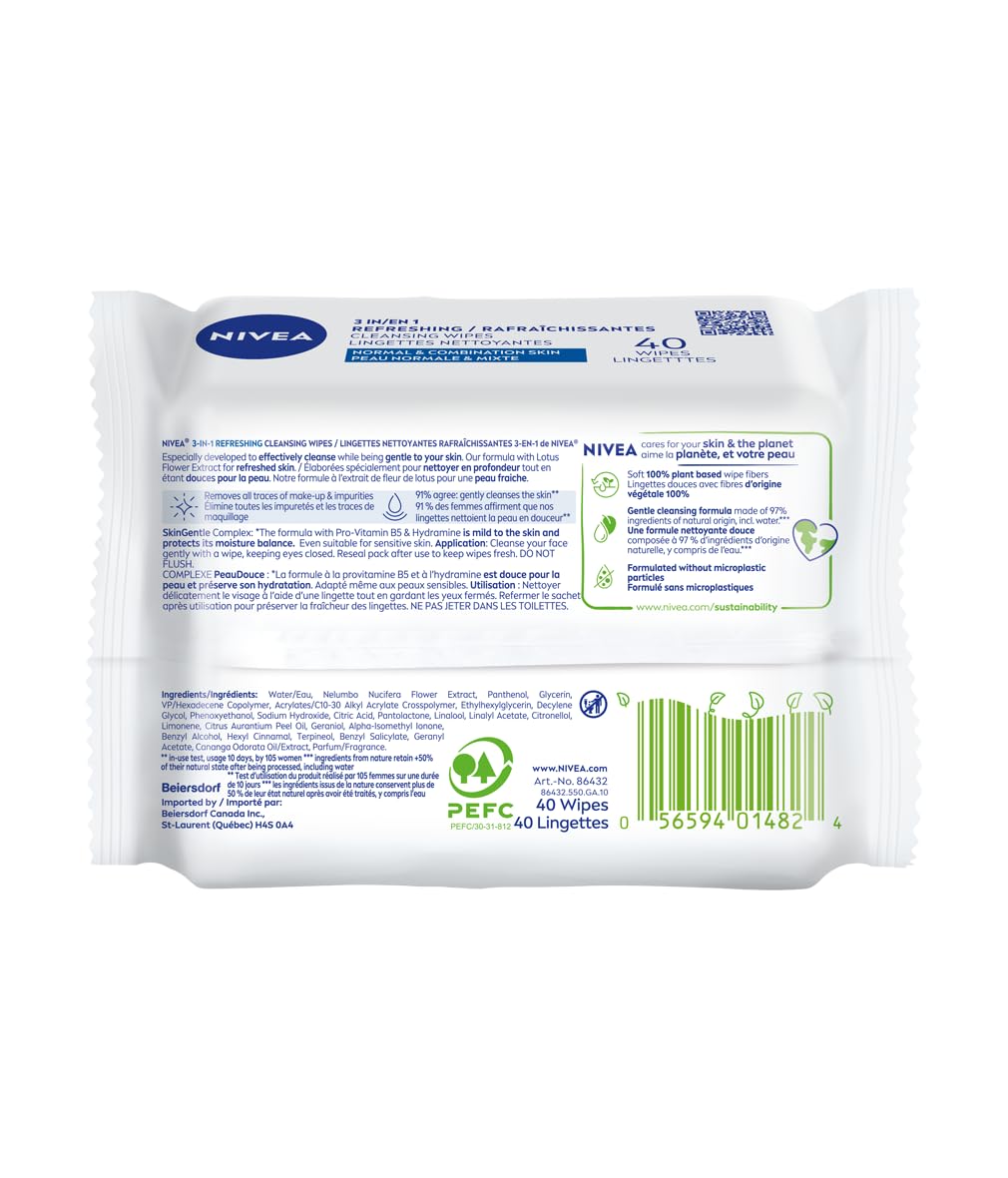 NIVEA 3-in-1 Refreshing Face Cleansing Wipes (40 Count), Normal/Combination Skin, Biodegradable, Plant-Based Fibres, Makeup Remover, Dermatologically Tested