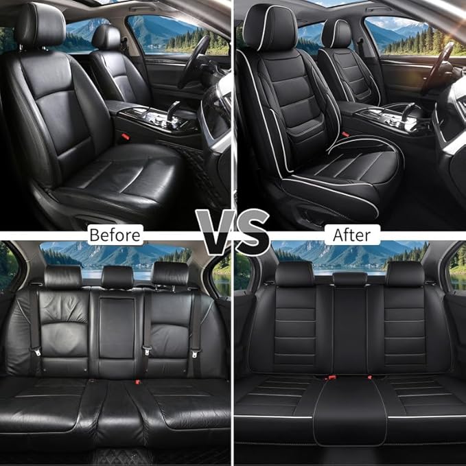 Car Seat Covers Full Set Custom Fit for Ford Fusion 2007-2020-Luxury Leather with Lumbar Support, Breathable, Waterproof, Anti-Slip, Durable, Easy to Install (Black&White,Full Set)