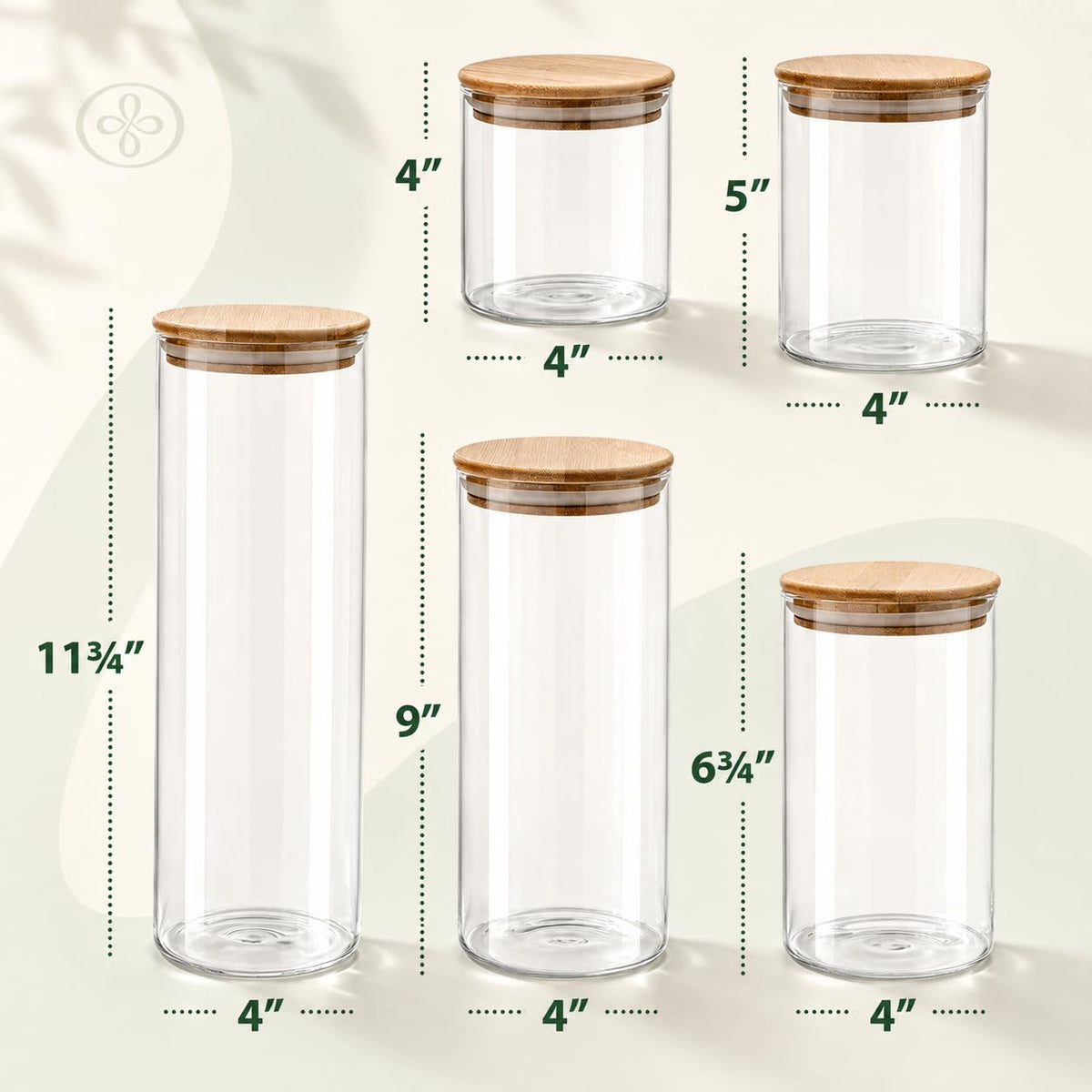 Set of 5 Glass Kitchen Canisters with Airtight Bamboo Lid - Glass Storage Jars for Pantry Organization and Bathroom for Flour, Coffee, Cookie Jar, Candy, Snack, Pasta, Rice, Sugar Packet Holder