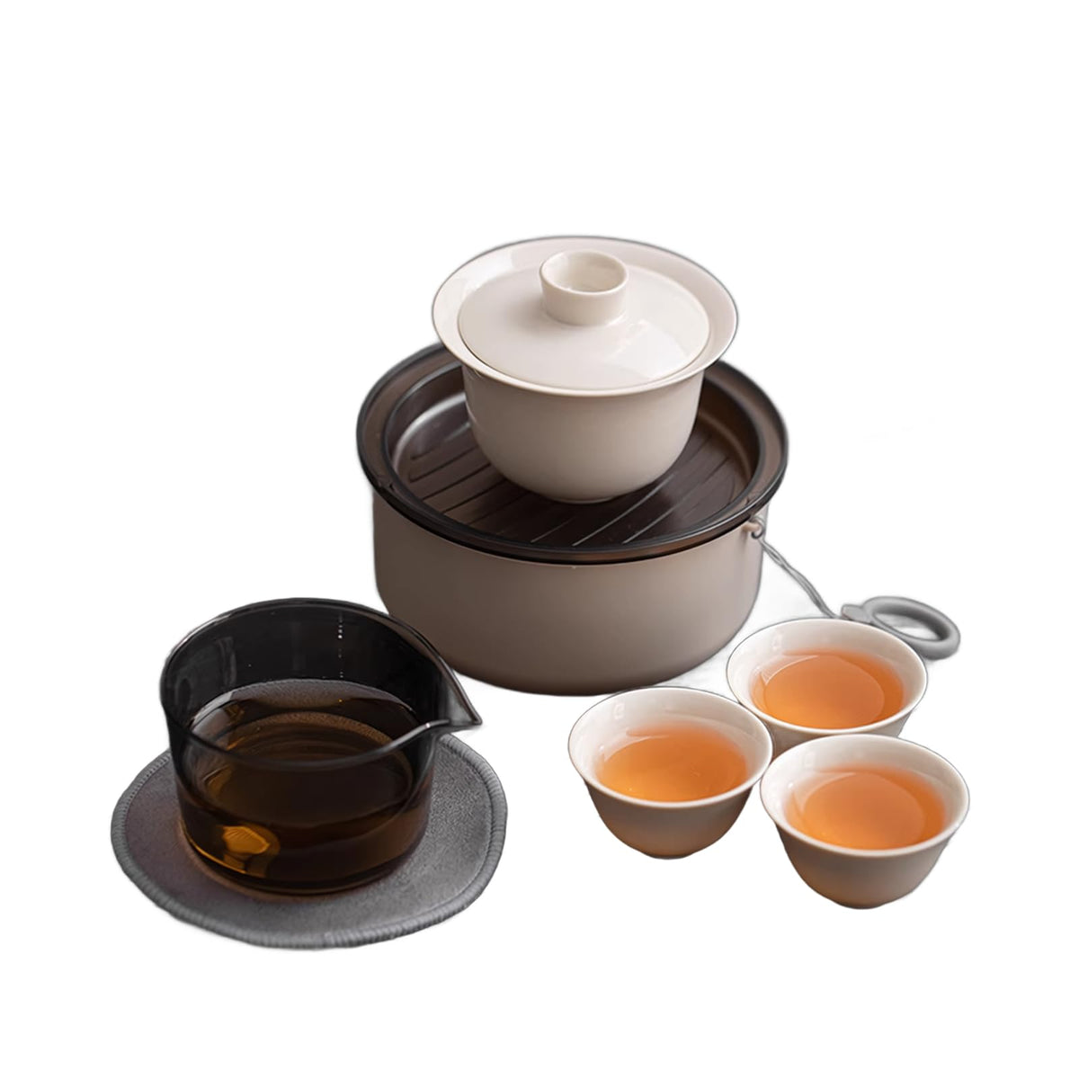 Portable Gaiwan Gongfu Tea Set with Tray, Chinese Tea Set for 1-3, Travel Tea Set with Cups & Fairness Pitcher, Ceramic Kung Fu Tea Set for Loose Leaf & Tea Bag (Wood Ash Glaze)