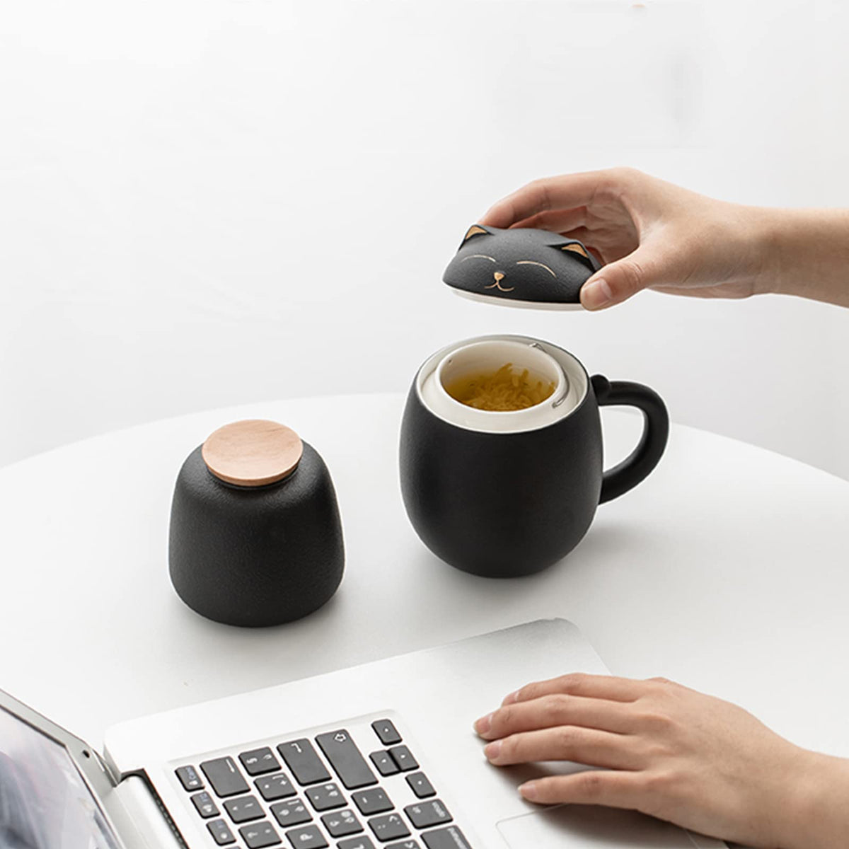 Cat Ceramic Tea Mug with Infuser & Lid Leaf Tea Cup for Home Office(Black)