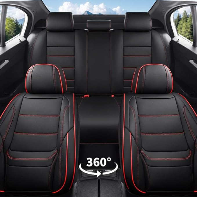 Car Seat Covers Full Set Custom Fit for Ford Maverick 2022-2026-Luxury Leather with Lumbar Support, Breathable, Waterproof, Anti-Slip, Durable, Easy to Install (Black&Red,Full Set)