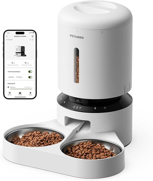 PETLIBRO 5L Automatic Cat Feeder for 2 Cats, 5G&2.4G Wi-Fi Programmable Cat Food Dispenser with Dual Stainless Steel Bowls, Airtight Lock Fresh Technology, Low Food Sensor