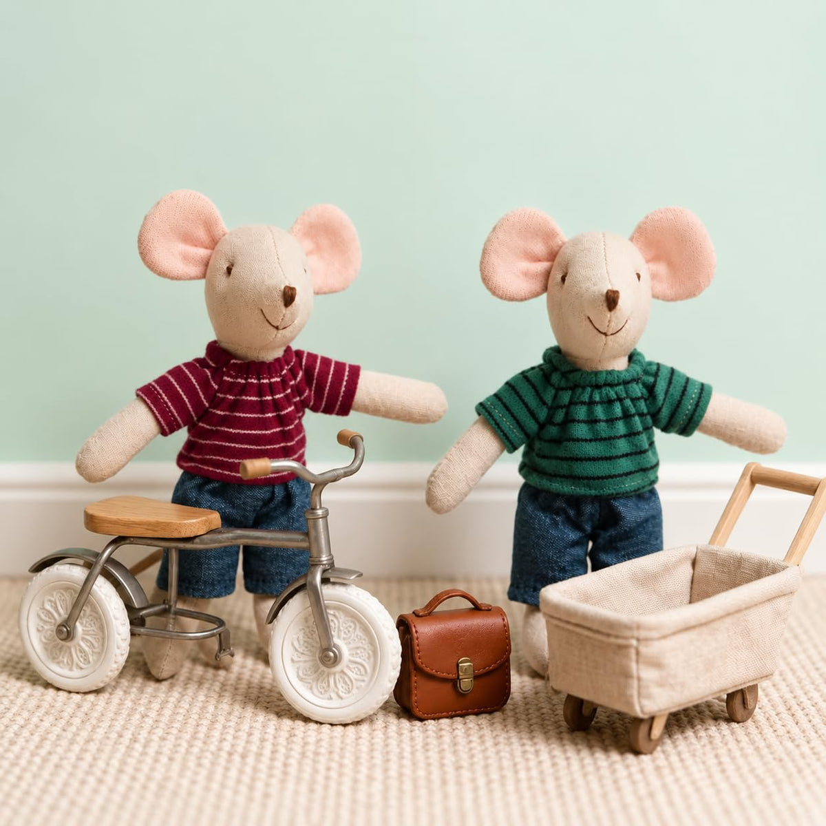 INS Nordic Home Mouse Stuffed Animal Plush Toy with Striped Shirt and Shorts 5.91inch (Green)