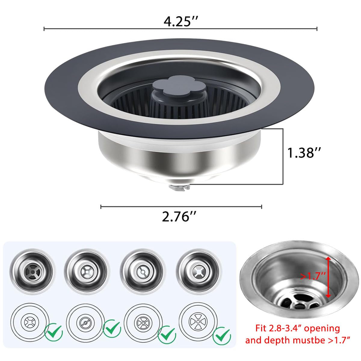 WSYLEN 3 in 1 Kitchen Sink Drain Strainer and Stopper Combo,Stainless Steel
