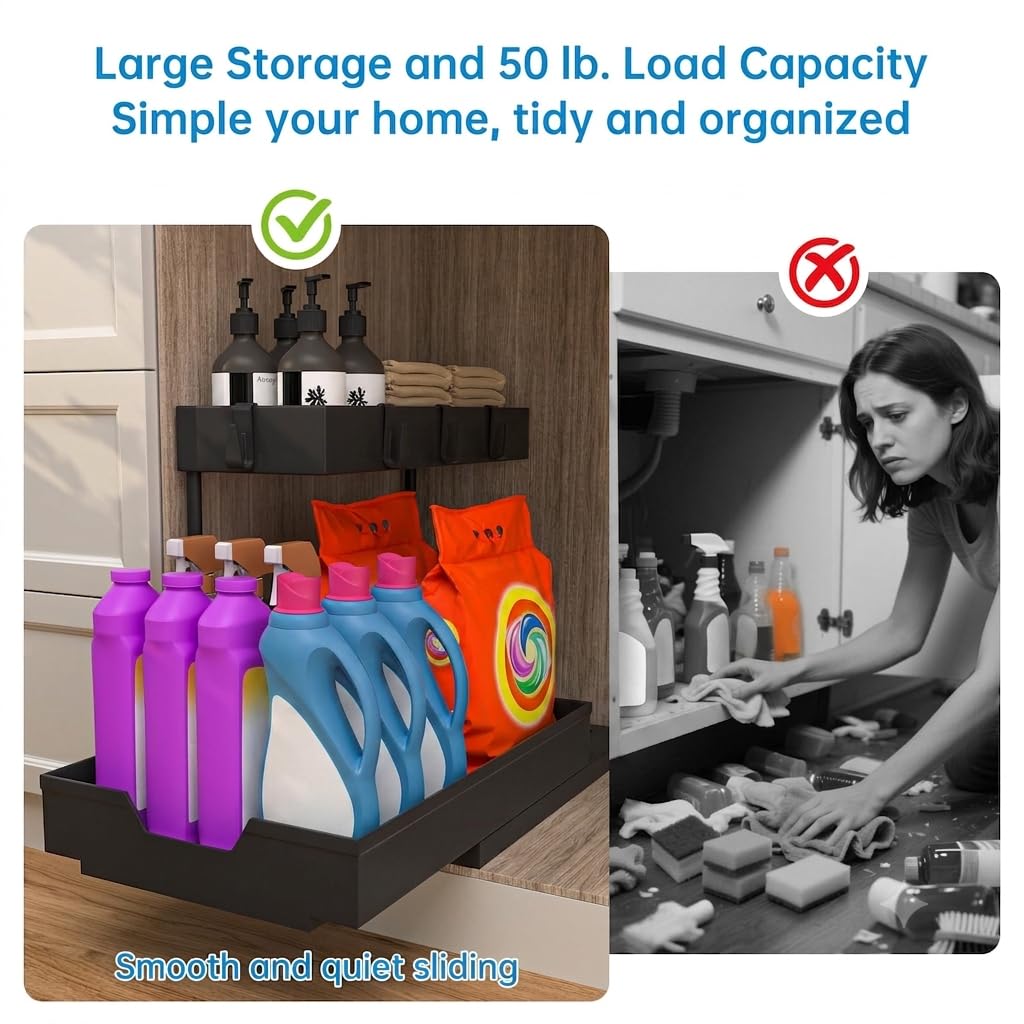NATURE'S SOURCE 2 Pack Under Sink Organizer 2 Tier Sliding Cabinet Organizers Multi-Purpose Sink Storage Basket L-Shape Narrow Space Storage Shelves with 4 Hook for Kitchen Bathroom Drawer, Black