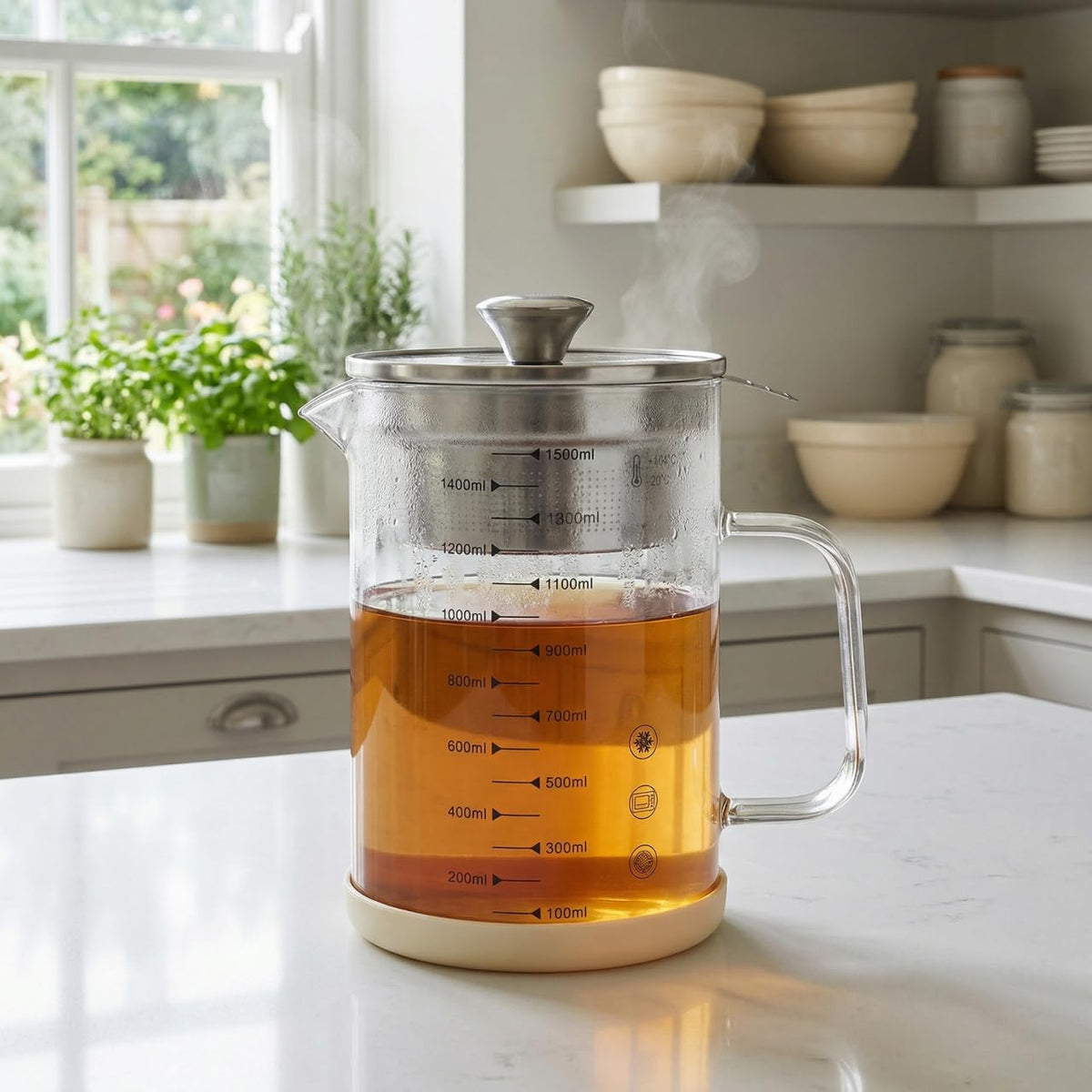 Kichvoe 1.5L Glass Pitcher with Fine Mesh Strainer & Scale: Bacon Grease Container Food Strainer Soy Milk Filter Teapot with Lid For Oil Milk Juice Water Tea Beverages