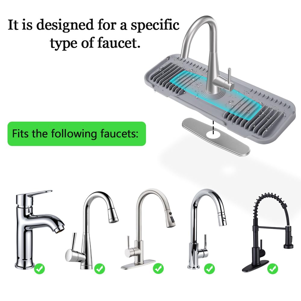 Silicone Faucet Mat, EK-Memory-fish Kitchen Faucet Mat Silicone Faucet Drip Catcher with Cuttable Circular Central for Kitchen Sink, Tailor-Made for Faucets with Deck Plate【Light Grey】
