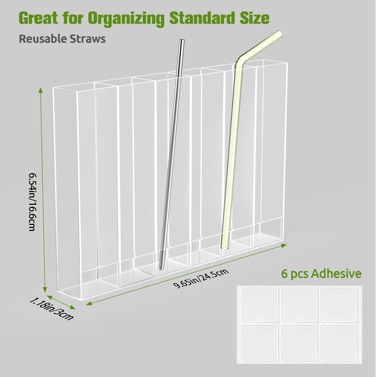 9.6” Large Acrylic Straw Holder for Cabinet Door - 6 compartments, easy to clean, Reusable Tumbler Straw Organizer Storage, Small Kitchen Accessories Container, Ultra Sticky Cupboard Door Mounted