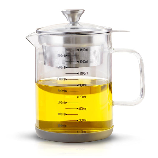 Abdodar 50oz Glass Oil Strainer Container with Fine Mesh Strainer (1.5L)