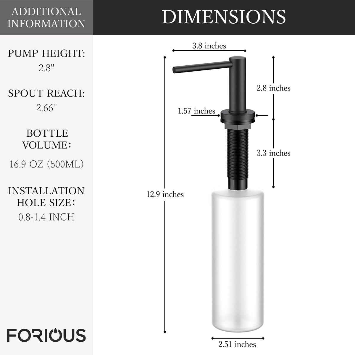 FORIOUS Soap Dispenser for Kitchen Sink, Matte Black Stainless Steel