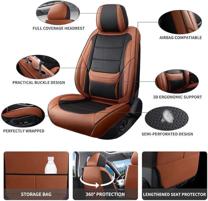 Car Seat Covers Full Set Custom Fit for Buick Lacrosse 2004-2019-Luxury Leather with Lumbar Support, Breathable, Waterproof, Anti-Slip, Durable, Easy to Install (BlackBrown,Full Set)
