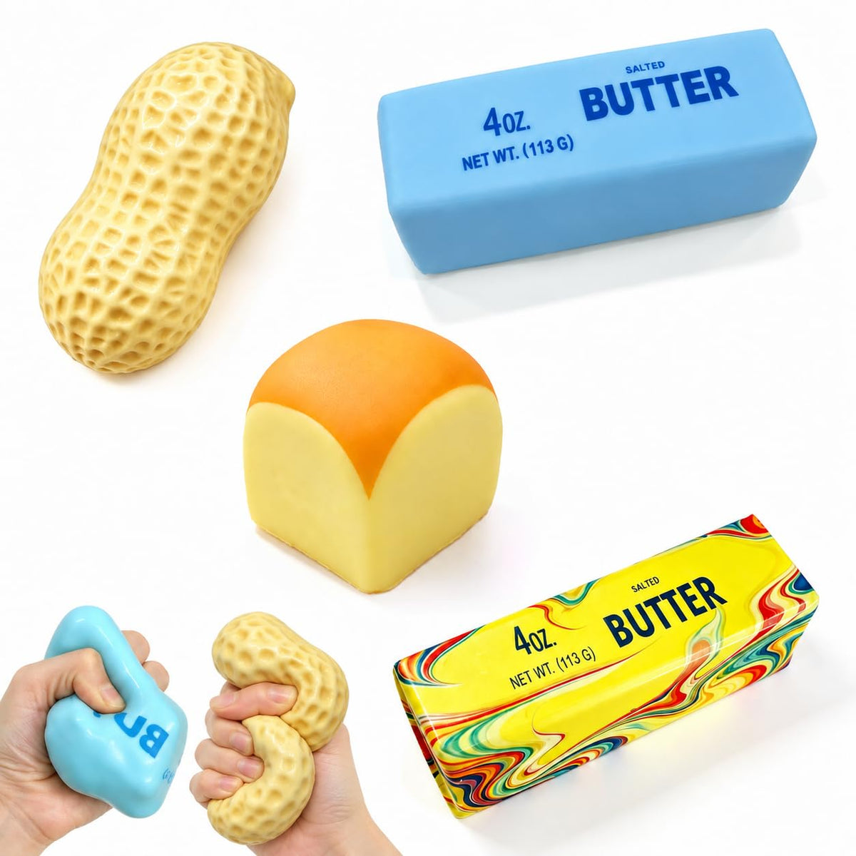4 Pack Crunchy Squishy Set, Butter, Peanut, Bread & Rainbow Butter Toys