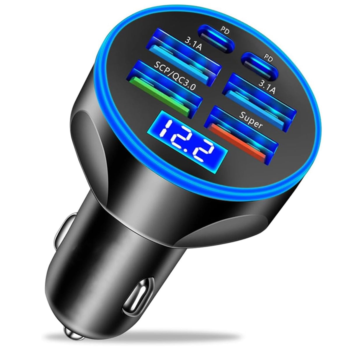 Super Fast Charge USB C Car Phone Charger Adapter 6 in 1 with Voltage Display 250W Multi Port Cigarette Lighter USB Charge for iPhone 18 17 16 15 14 13 12 11 Samsung Galaxy Huawei Oneplus Oppo Vivo