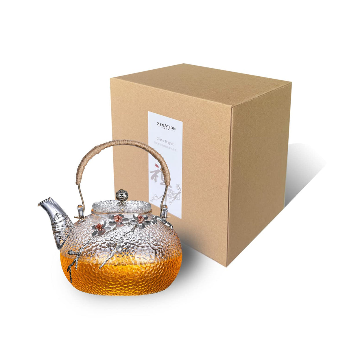 ZENATION Japanese Style hammered glass exquisite 900ml tea pot, with tin and copper plum blossom decoration