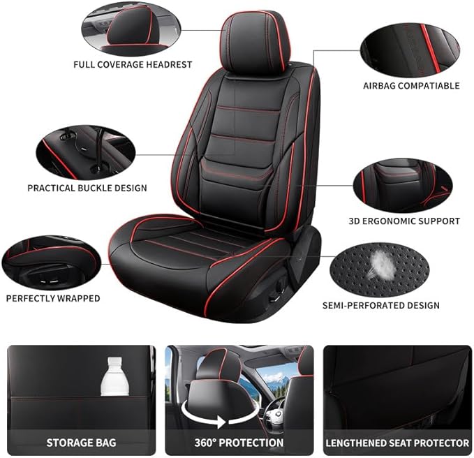 Car Seat Covers Full Set Custom Fit for Pontiac Vibe 2003-2010-Luxury Leather with Lumbar Support, Breathable, Waterproof, Anti-Slip, Durable, Easy to Install (Black&Red,Full Set)
