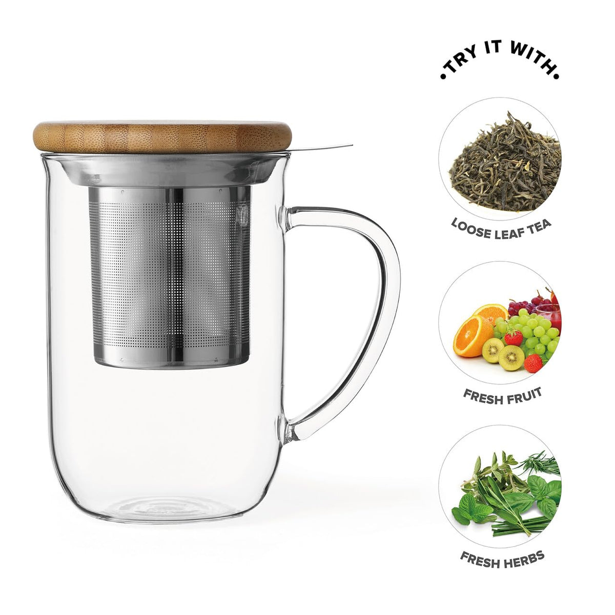 VIVA Minima Balance Glass Tea Cup with Infuser and Lid, 17oz, Clear Bamboo