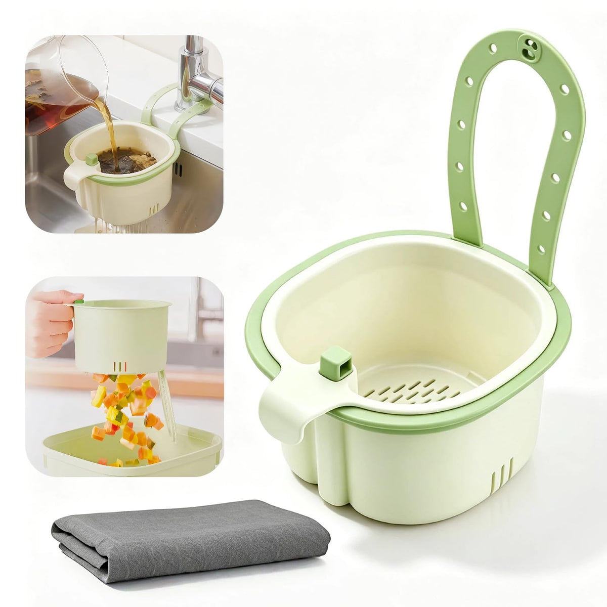 One-Click Hanging Sink Drain Basket, No-Touch Kitchen Sink Strainer Basket with Adjustable Faucet Strap, Fine Mesh Food Catcher for Food Waste, Fast Drainage, Dishwasher Safe, Fits All Kitchen Sinks