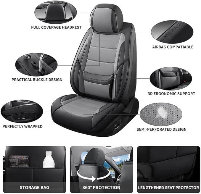 Car Seat Covers Full Set Fit for Buick Regal 2009-2020, Premium Faux Leather Waterproof Car Seat Protectors with Lumbar Support, Breathable Anti-Slip Easy to Install(Black&Gray,Full Set)