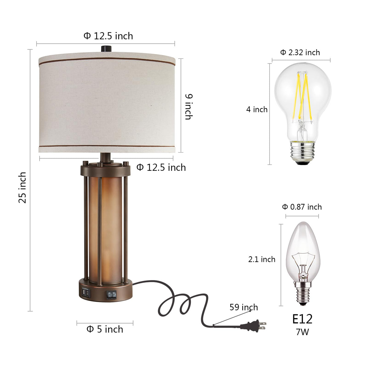 RORIA Farmhouse Table Lamps for Living Room with USB C+A Ports
