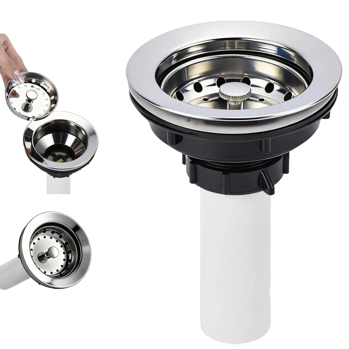 Kitchen Sink Drain Assembly, Basket Strainer with Knob, 3-1/2 Inch Sink Drain Stopper Plug, Threaded Plastic Sink Strainer Tailpiece 1-1/2 in