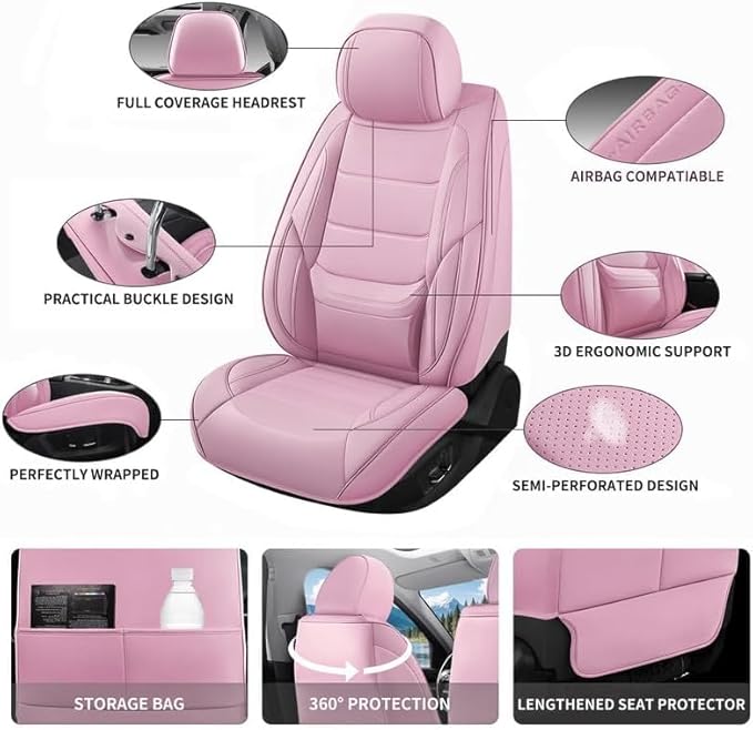 Car Seat Covers Custom Fit for Chevrolet/Chevy Cobalt 2004-2010, Premium Faux Leather Waterproof Car Seat Protectors with Lumbar Support, Breathable Anti-Slip Easy to Install(Pink,Full Set)