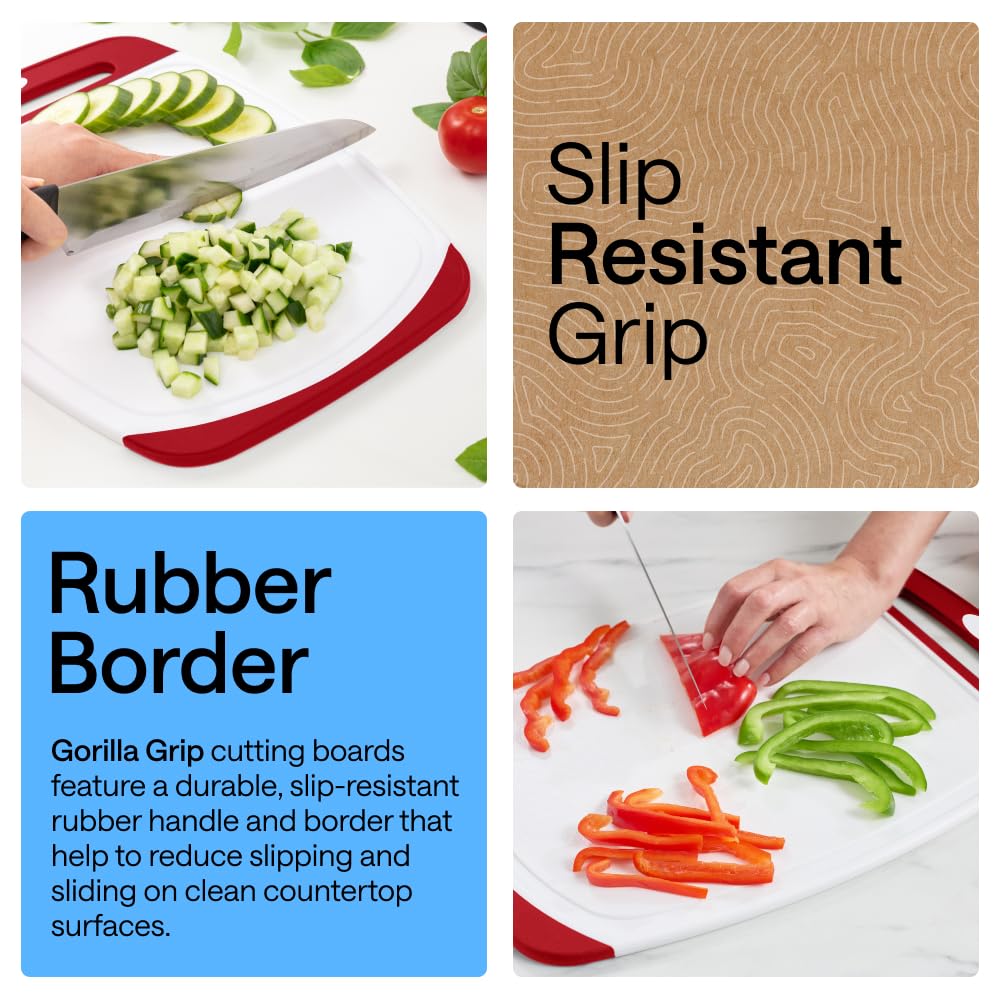 GORILLA GRIP BPA-Free Reversible Kitchen Cutting Board, Set of 3, Red