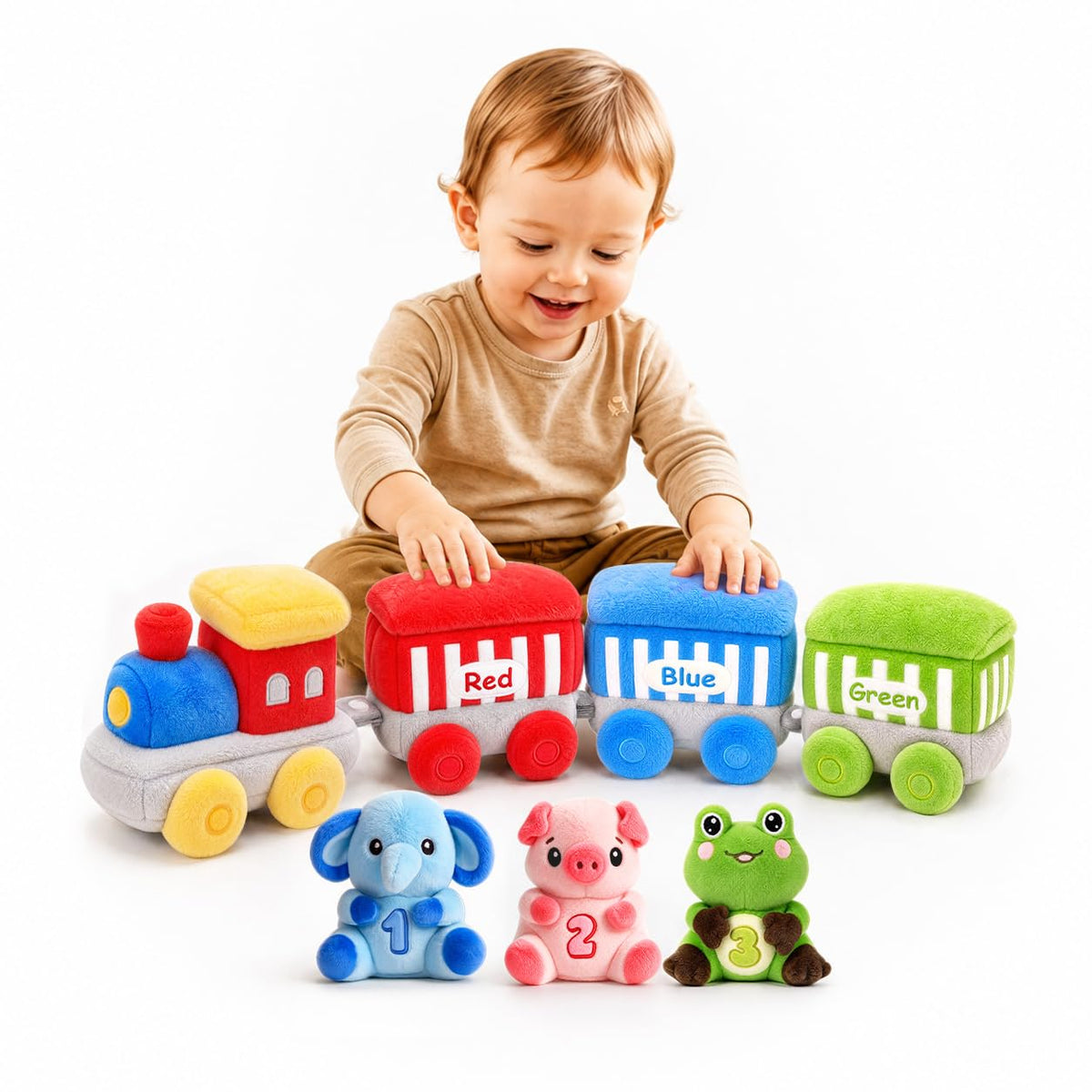 SAIMAND Baby Toys 12-18 Months, Soft Plush Animal Train Sensory Playset