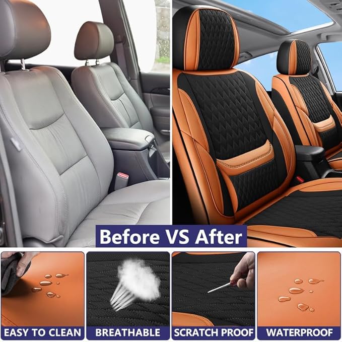 Front Seat Car Seat Covers Custom Fit for Ford Escape 2001-2026 - Premium Faux Leather with Lumbar Support | Breathable, Waterproof, Anti-Slip, Durable (Black&Brown,Front Seat)