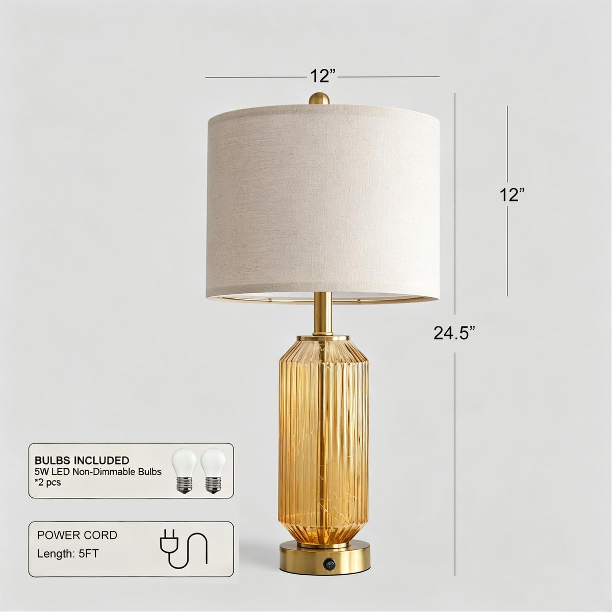 Oneach 24.5" Bedside Table Lamps Set of 2, Amber Glass Lamp with Nightlight