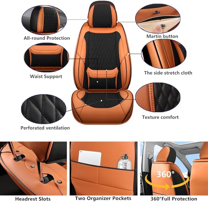 Car Seat Covers Full Set Custom Fit for Mercury Mountaineer 1997-2010 - Premium Faux Leather with Lumbar Support | Breathable, Waterproof, Anti-Slip, Durable (Black&Brown,Full Set)