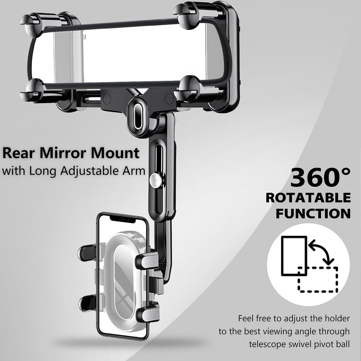 ILKCC Rearview Mirror Phone Holder for Car, 360° Rotating and Retractable Multifunctional Rear View Phone Mount, Upgraded Four Corners Fixed Anti-Shake Fit All Smartphones & Bigger Vehicle