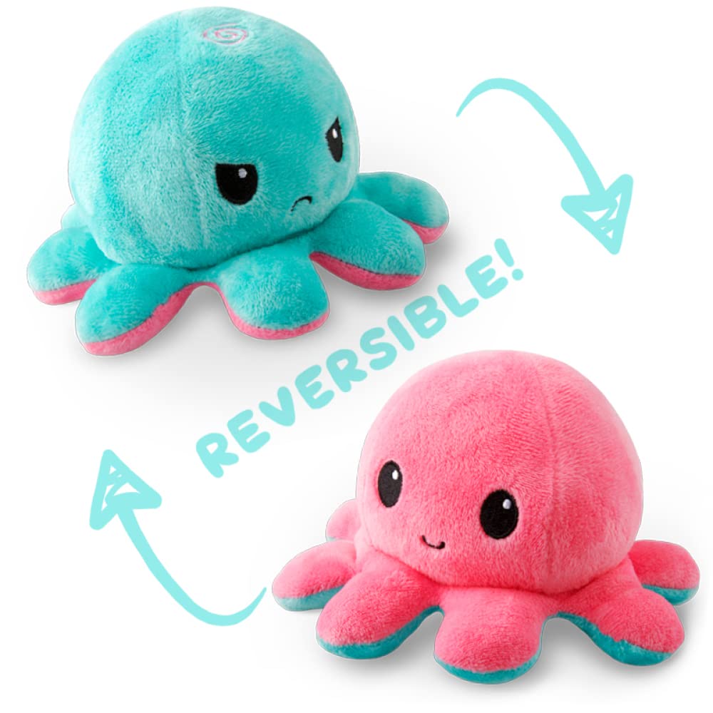 TeeTurtle Reversible Octopus Plushie 4-Inch Pink + Aqua Two-Sided Flip Plush Toy with Embroidered Details - Cute Mini Collectible Plush for Kids, Teens, and Adults