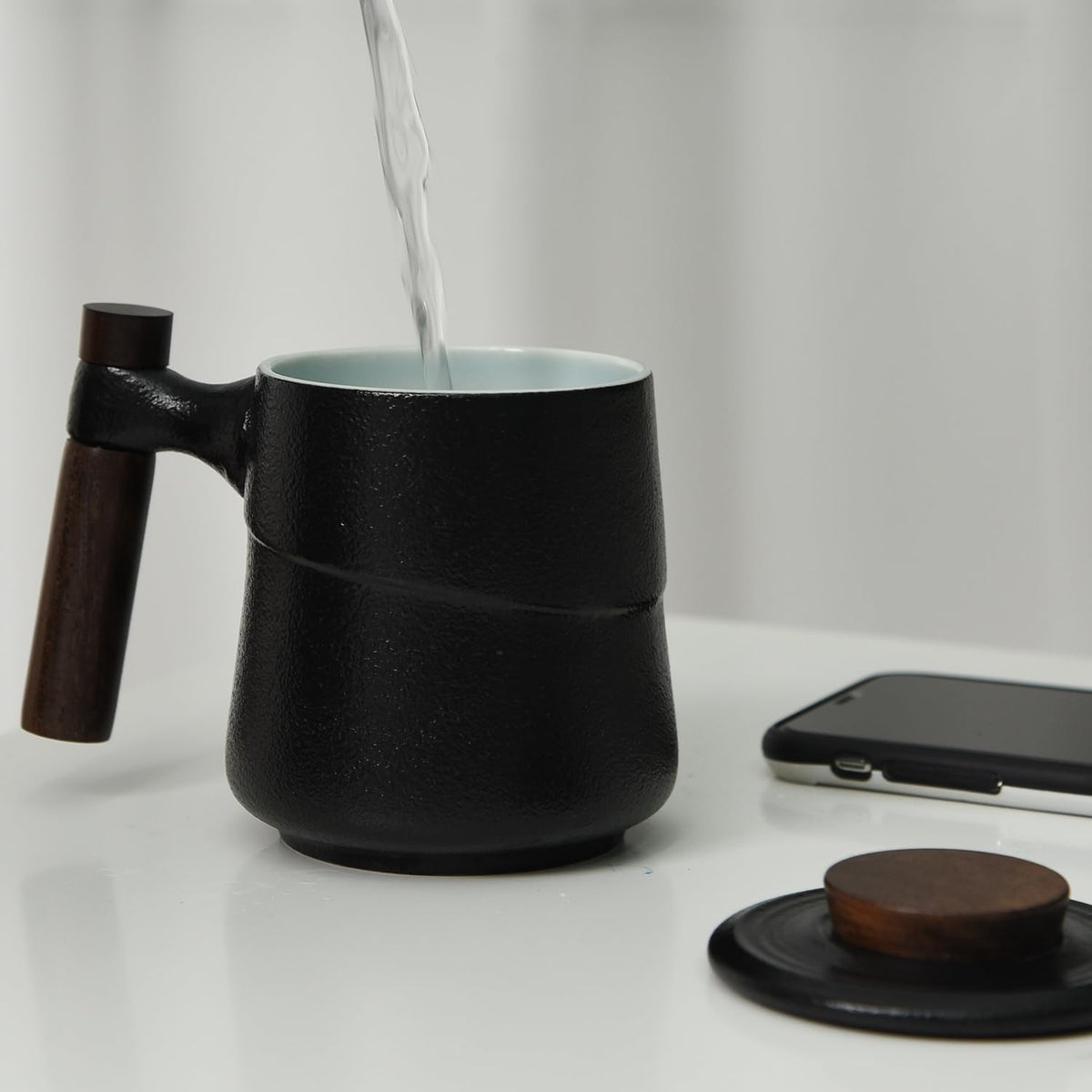 Tea Cup with Infuser and Lid, Rural style Wood Handle Ceramic Mugs Black