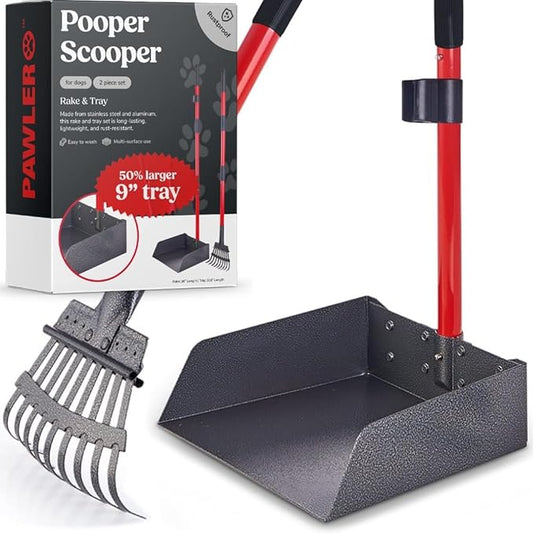 Pooper Scooper for Large Dogs, Small Dogs and Horses, Metal Poop Scooper Set with Long Handle Rake and Tray for Yard, Grass, Dirt or Gravel, Heavy Duty Aluminum Poop Picker Upper