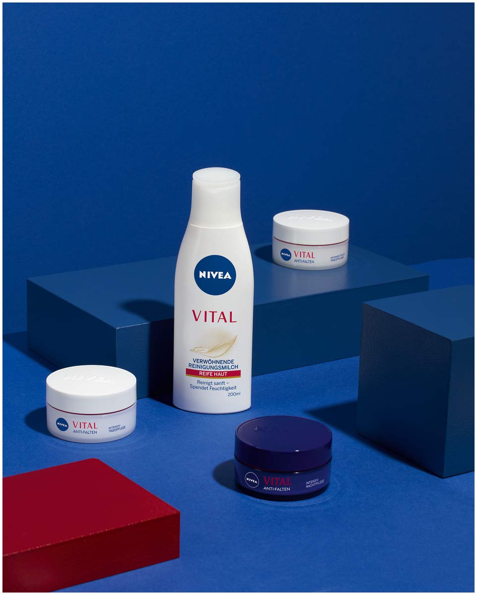 NIVEA VITAL Pampering Cleansing Milk for Mature Skin 6.76 fl oz (200 ml), German Import Gentle Daily Facial Cleanser, Makeup Remover Lotion with Grape Seed Oil for Face and Neck