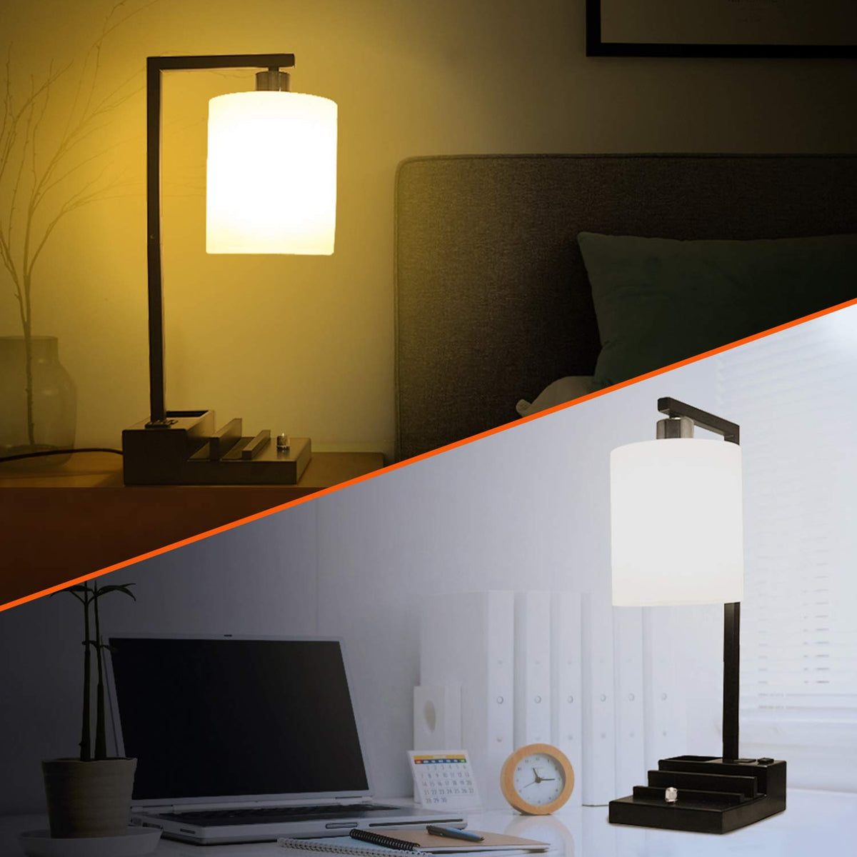 Bedroom Lamps for Nightstand, 3 Color Temperature Nightstand Lamp Bedside Lamps with Dual USB Ports and Outlet, Modern Table Lamp Built-in Pen Holder & Phone Stands, Energy Saving LED Bulb Included