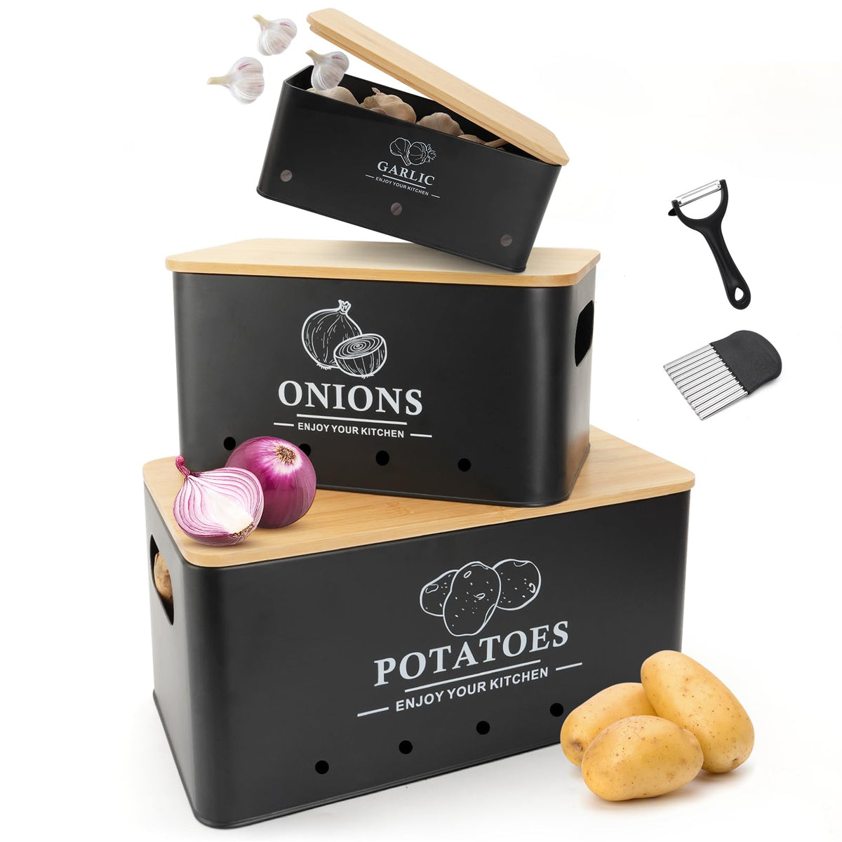 Dekosilave Kitchen Vegetable Storage Set of 3, Metal Onion Garlic Potato Storage Set, Kitchen Canisters Vegetable Keeper Containers with Aerating Holes and Bamboo Lid,Black