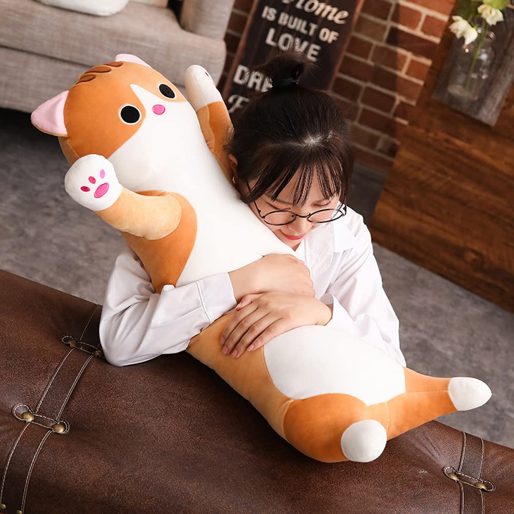 Jensquaify Long Cat Plush Pillow - Cute Kitten Stuffed Animal Body Hugging Toy for Kids, 19.68 Inch (Brown)